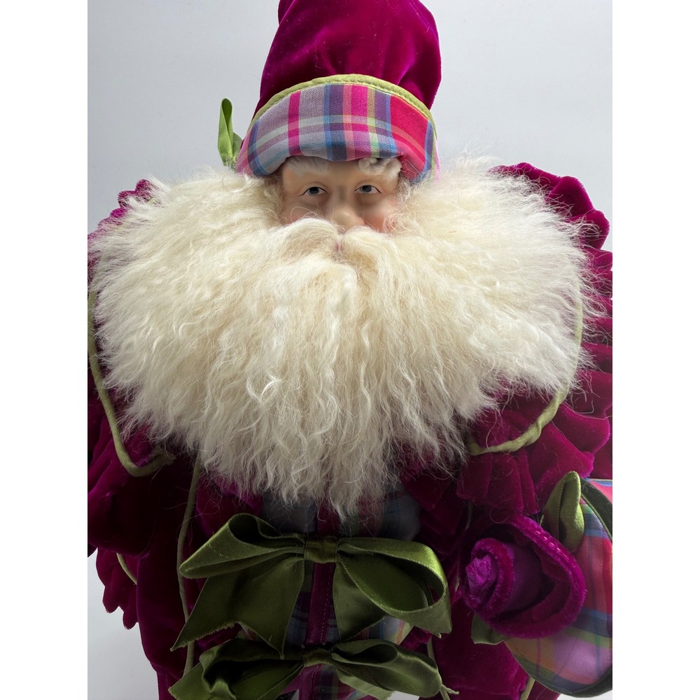 Santa Claus Figurine Magenta Velvet Plaid 20 Inch Christmas Decor